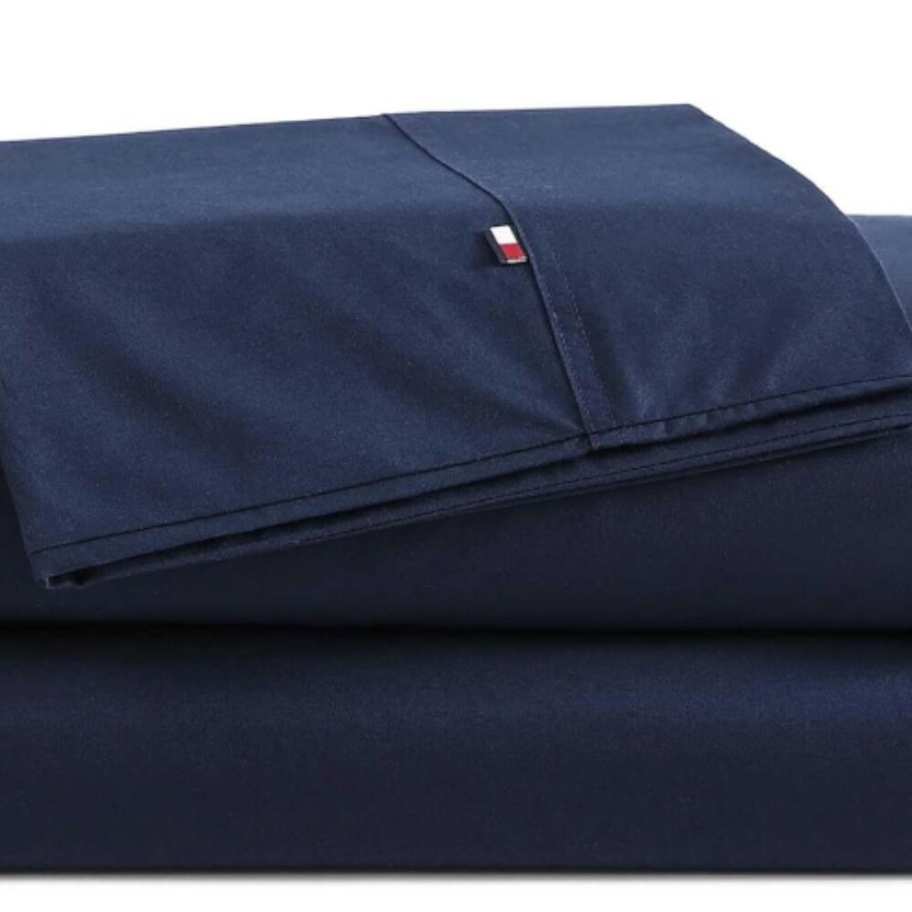 Queen Bold Navy-Blue Hilfiger 100% Chambray Cotton Sheet Set